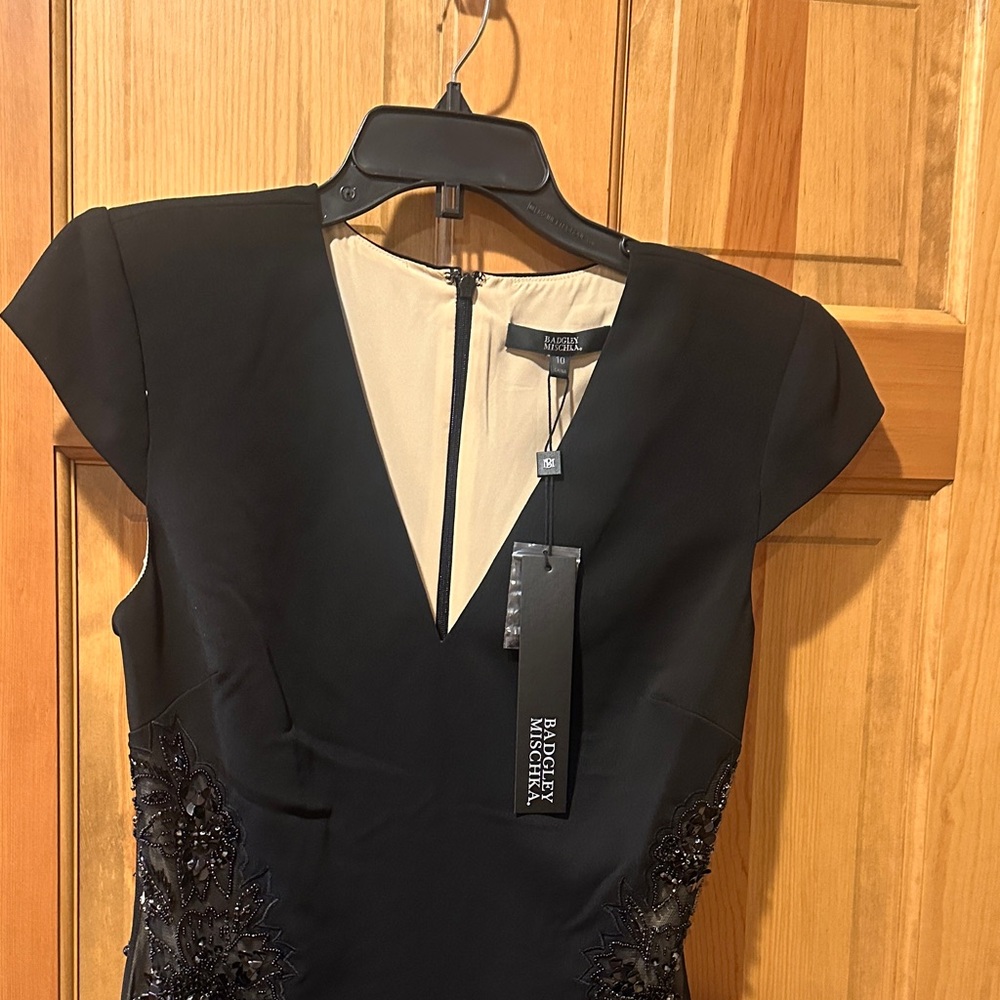 Badgley Mischka Black Midi Dress Beaded Lace Side Panels Sheath size 10 NWT - Picture 5 of 9